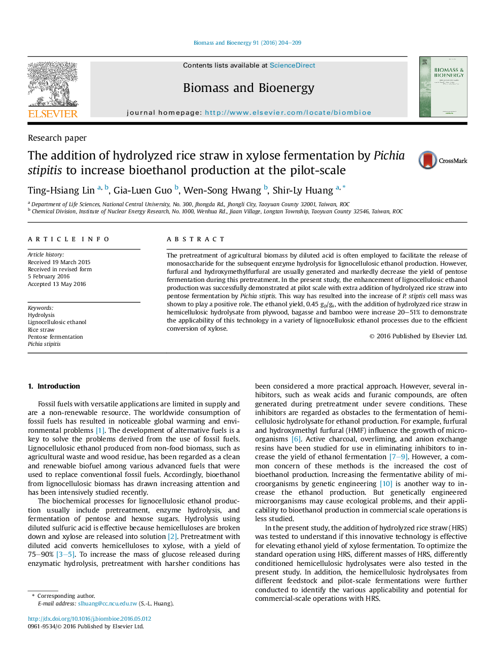 The addition of hydrolyzed rice straw in xylose fermentation by Pichia stipitis to increase bioethanol production at the pilot-scale