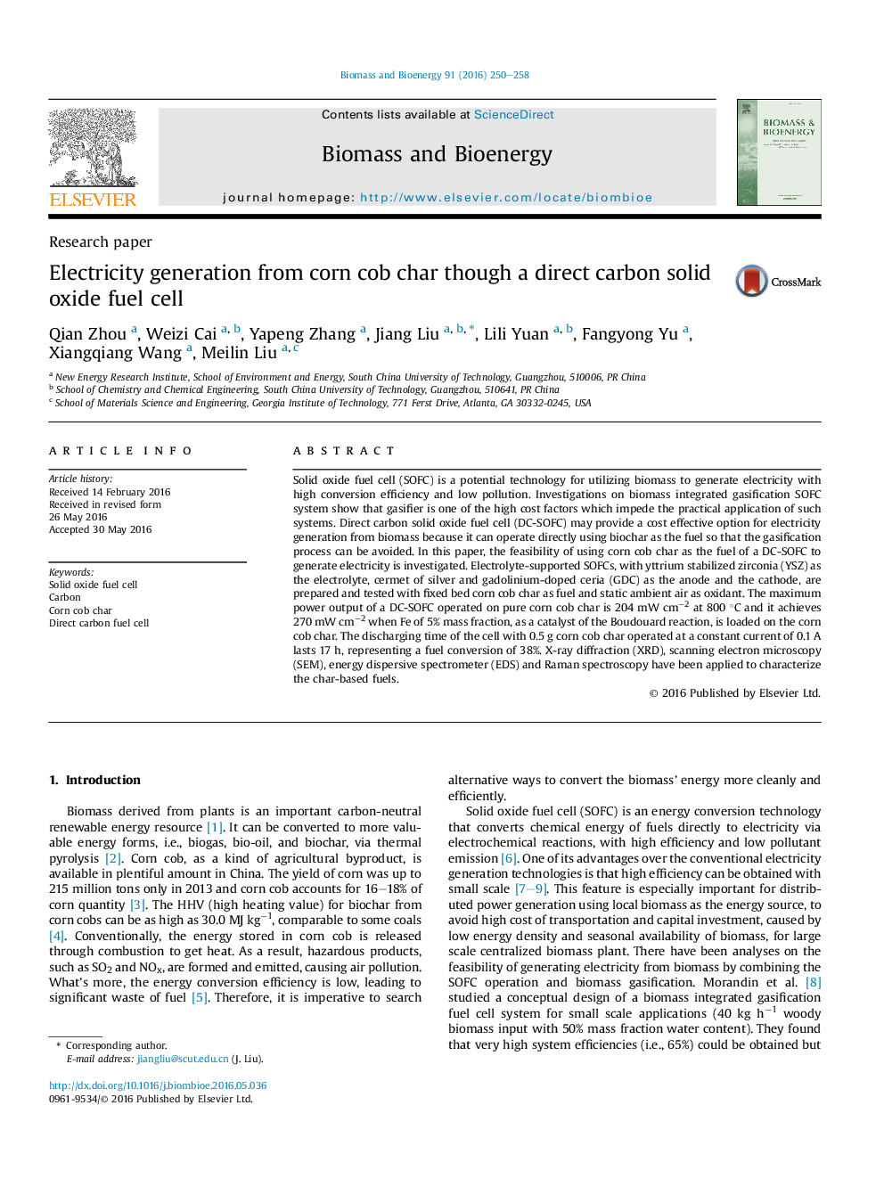 Electricity generation from corn cob char though a direct carbon solid oxide fuel cell