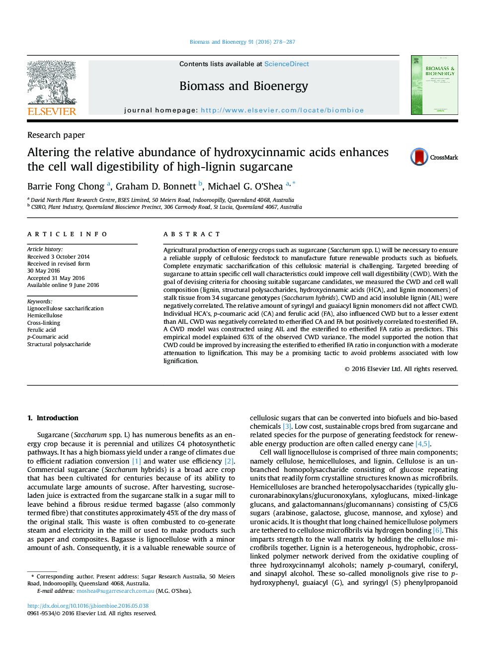 Altering the relative abundance of hydroxycinnamic acids enhances the cell wall digestibility of high-lignin sugarcane