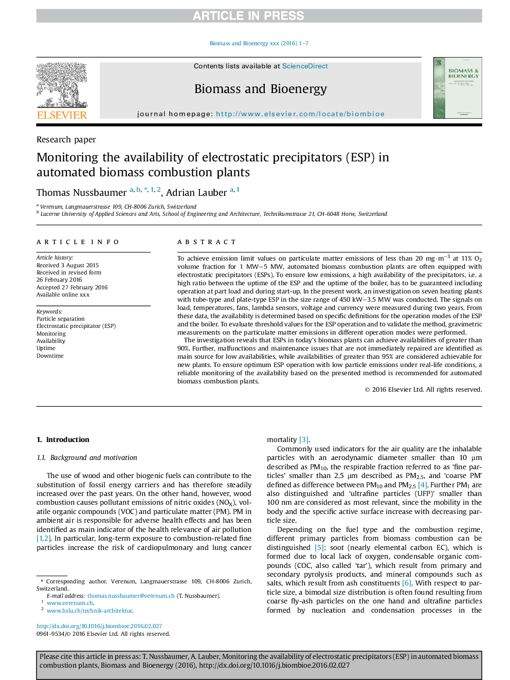 Monitoring the availability of electrostatic precipitators (ESP) in automated biomass combustion plants