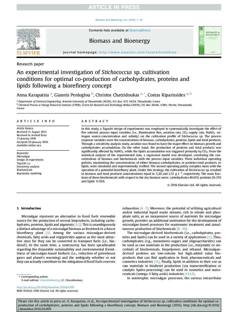 An experimental investigation of Stichococcus sp. cultivation conditions for optimal co-production of carbohydrates, proteins and lipids following a biorefinery concept