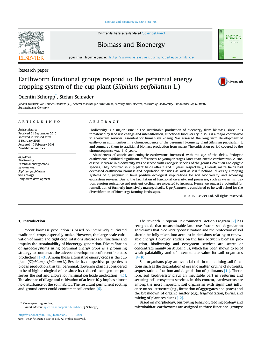 Earthworm functional groups respond to the perennial energy cropping system of the cup plant (Silphium perfoliatum L.)