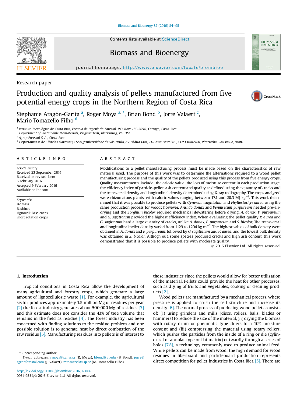 Production and quality analysis of pellets manufactured from five potential energy crops in the Northern Region of Costa Rica