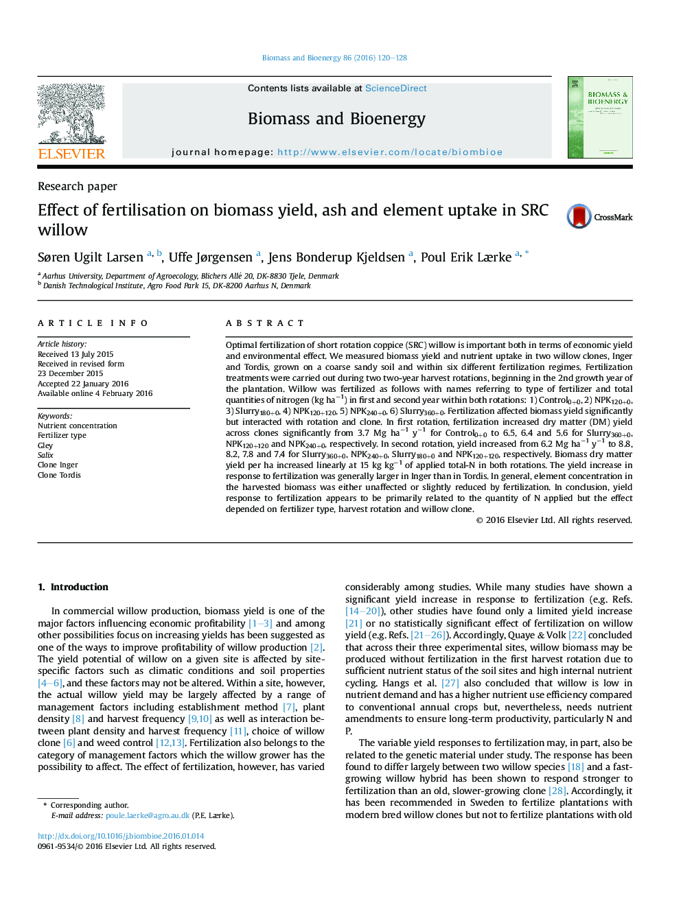 Effect of fertilisation on biomass yield, ash and element uptake in SRC willow