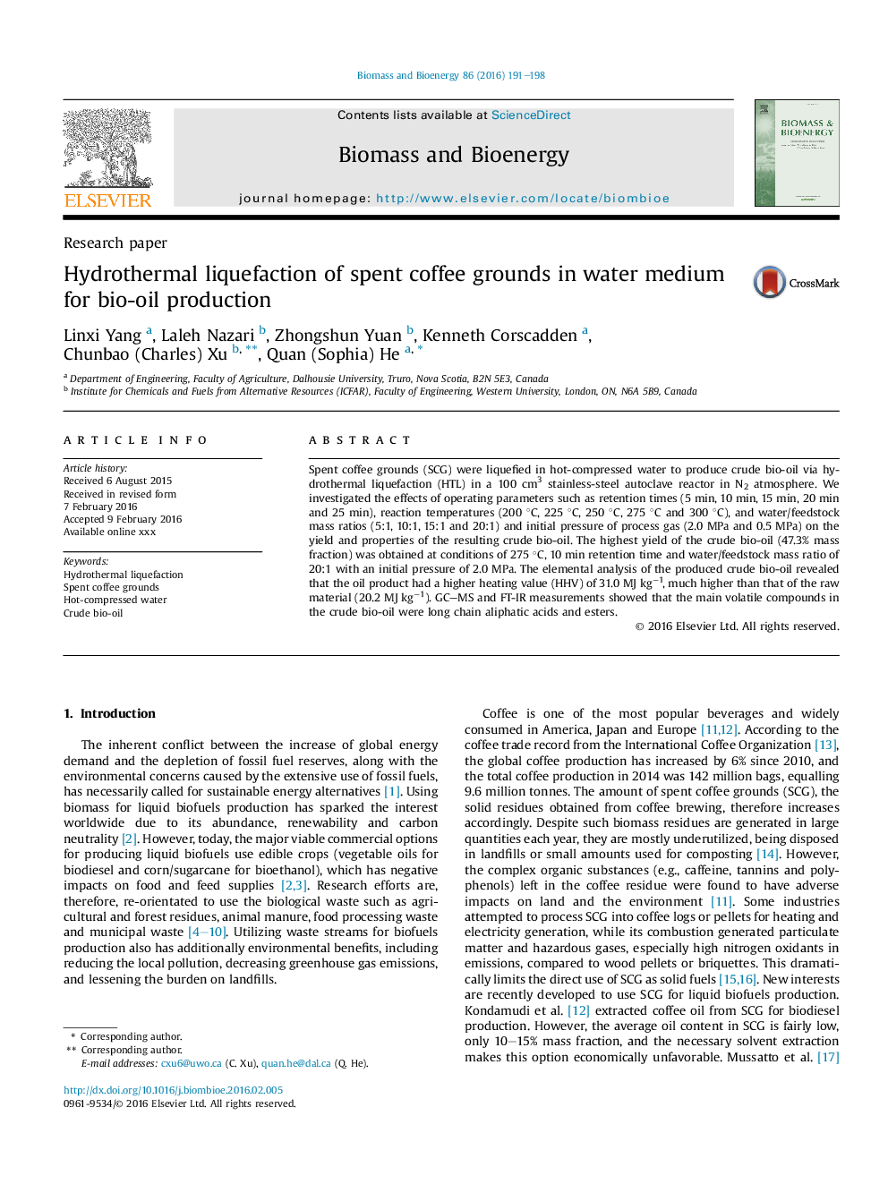 Hydrothermal liquefaction of spent coffee grounds in water medium for bio-oil production