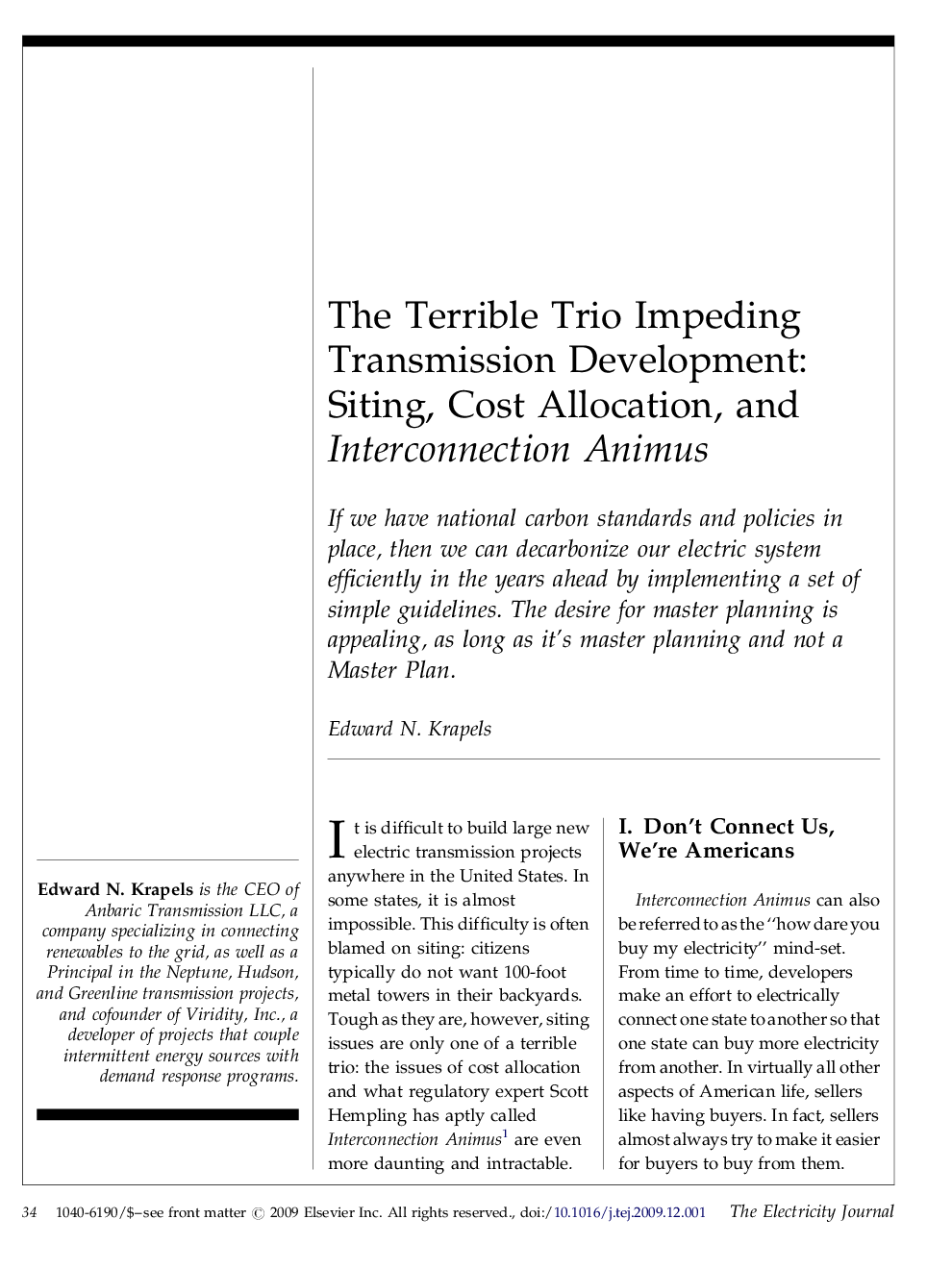 The Terrible Trio Impeding Transmission Development: Siting, Cost Allocation, and Interconnection Animus