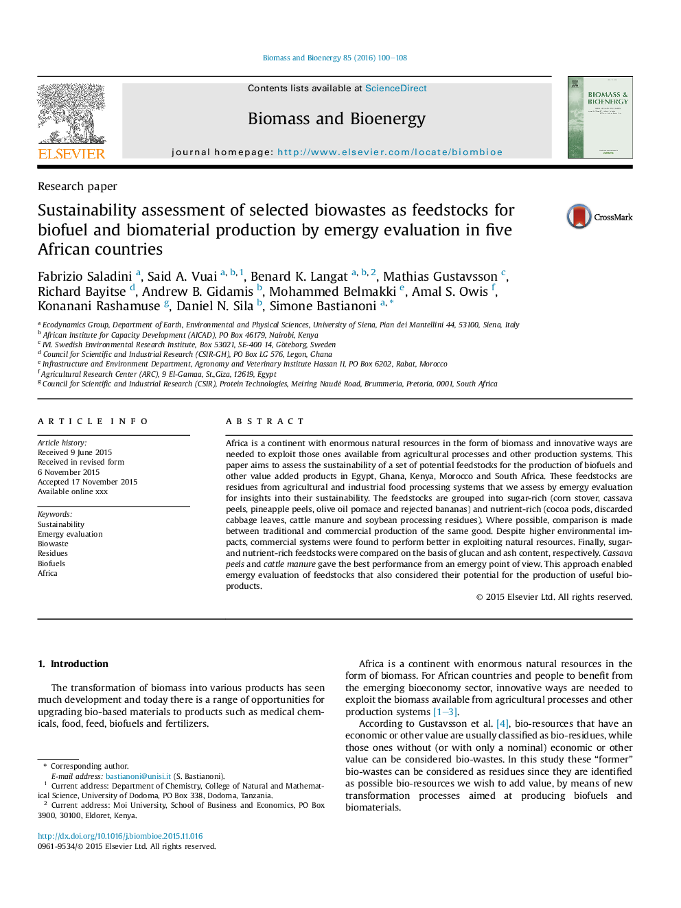 Sustainability assessment of selected biowastes as feedstocks for biofuel and biomaterial production by emergy evaluation in five African countries