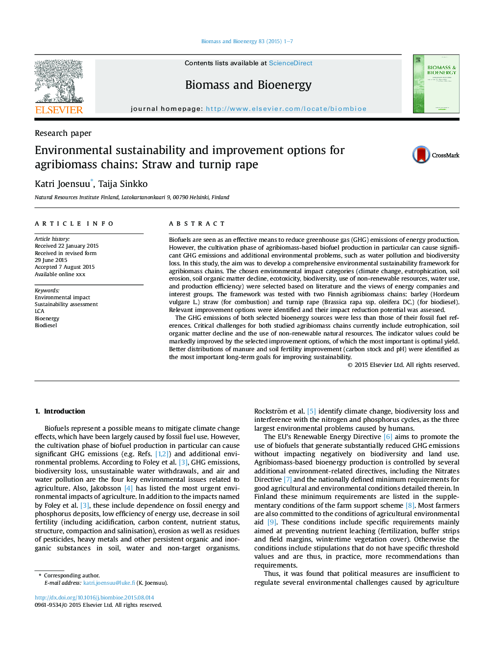 Environmental sustainability and improvement options for agribiomass chains: Straw and turnip rape