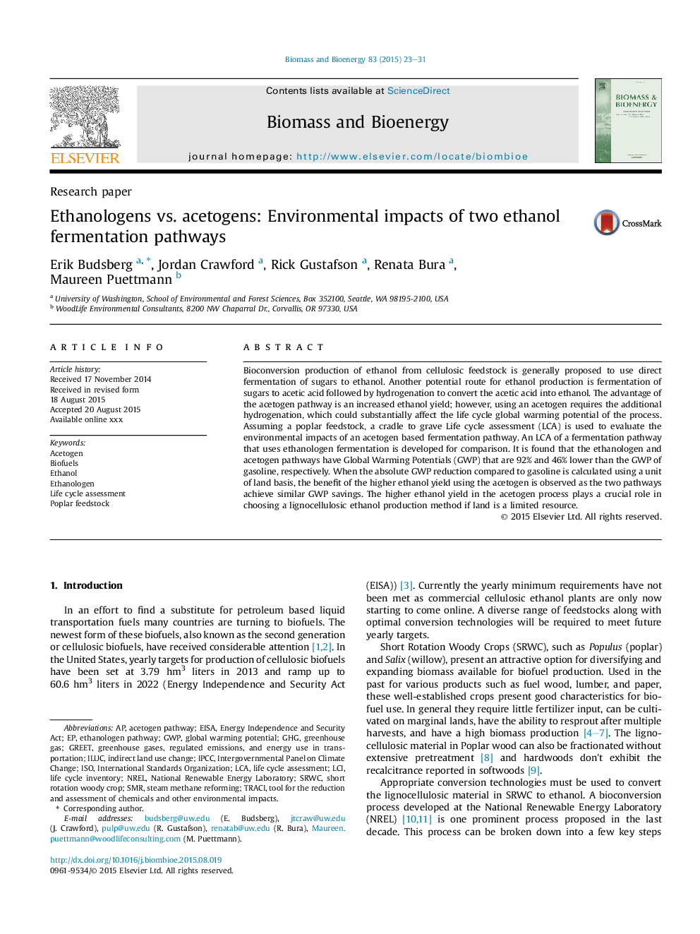 Ethanologens vs. acetogens: Environmental impacts of two ethanol fermentation pathways