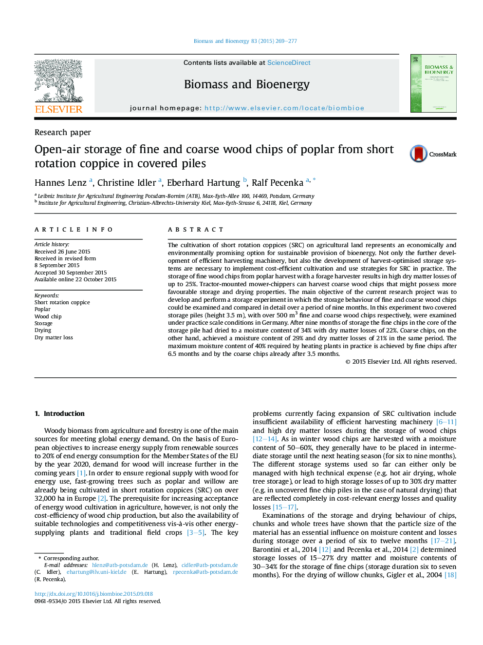 Open-air storage of fine and coarse wood chips of poplar from short rotation coppice in covered piles