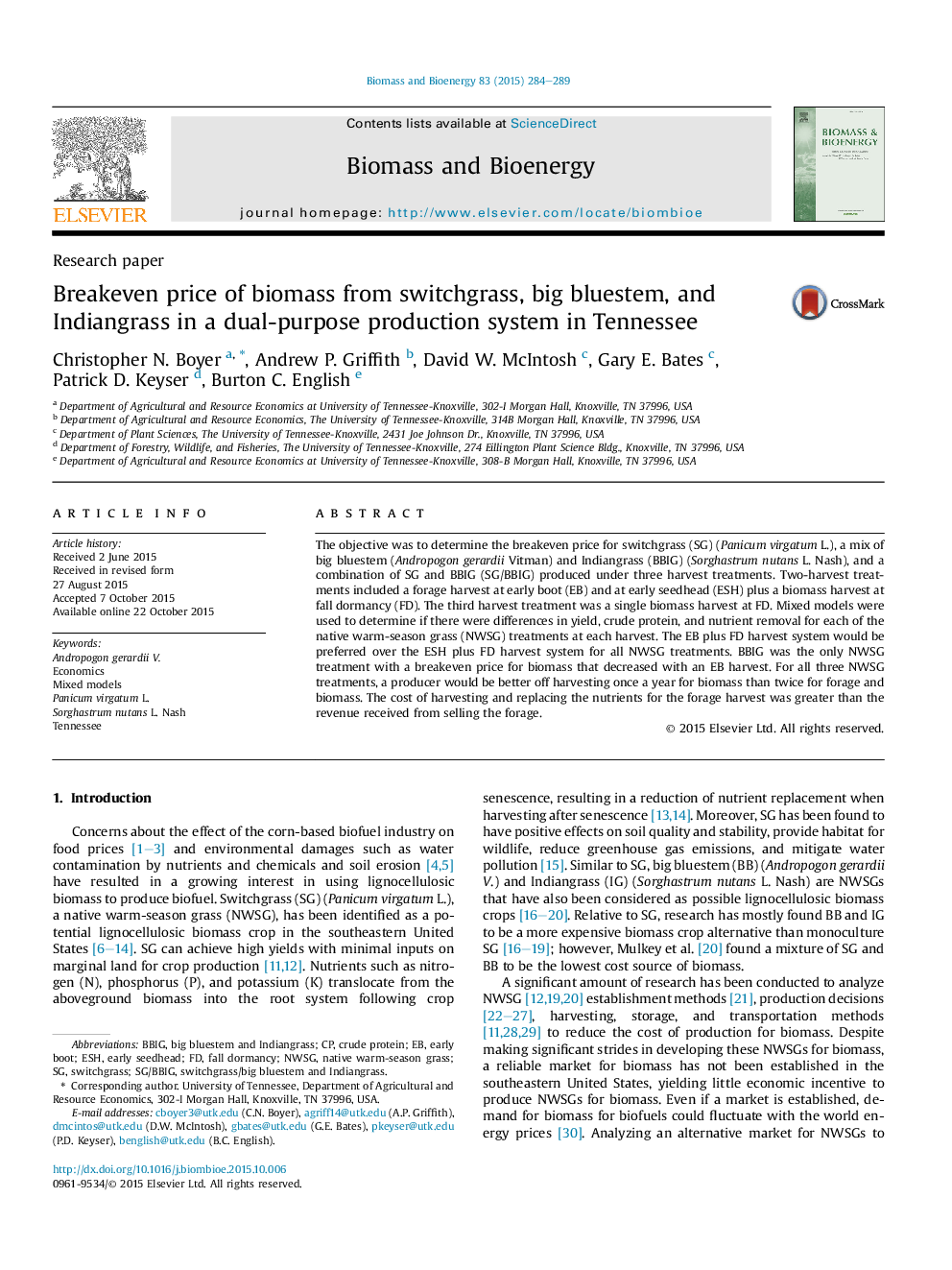 Breakeven price of biomass from switchgrass, big bluestem, and Indiangrass in a dual-purpose production system in Tennessee