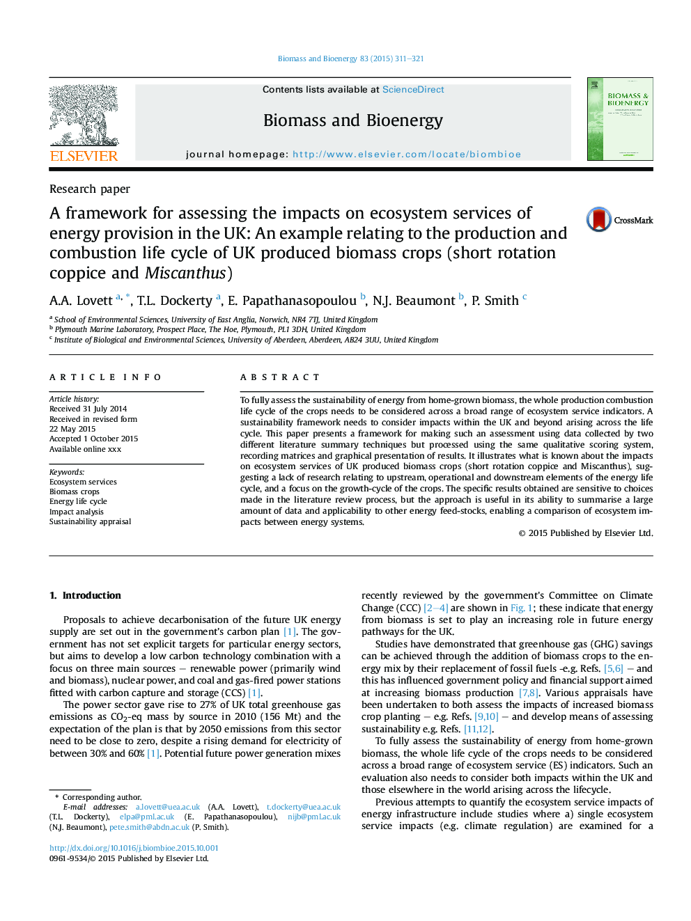 A framework for assessing the impacts on ecosystem services of energy provision in the UK: An example relating to the production and combustion life cycle of UK produced biomass crops (short rotation coppice and Miscanthus)