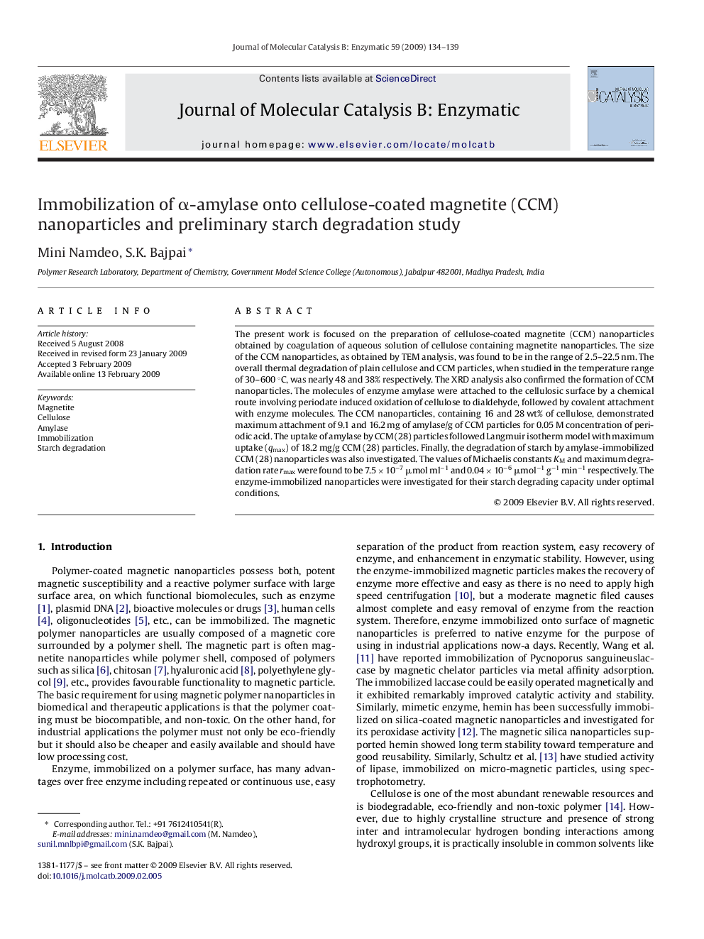 Immobilization of α-amylase onto cellulose-coated magnetite (CCM) nanoparticles and preliminary starch degradation study