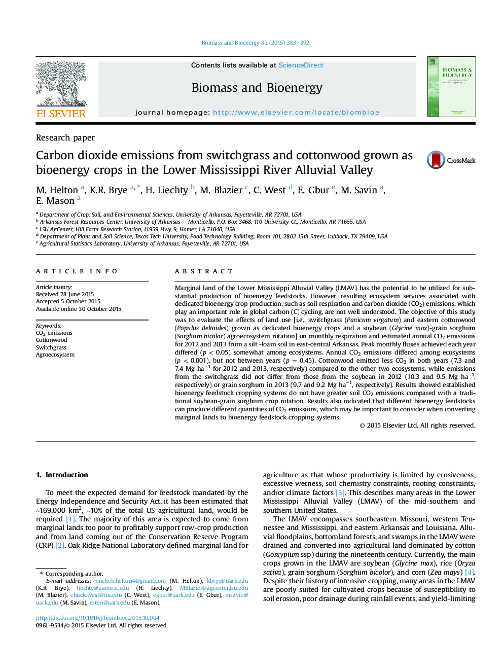 Carbon dioxide emissions from switchgrass and cottonwood grown as bioenergy crops in the Lower Mississippi River Alluvial Valley