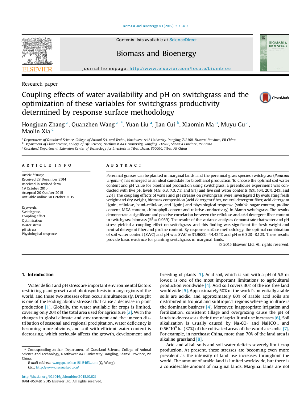 Coupling effects of water availability and pH on switchgrass and the optimization of these variables for switchgrass productivity determined by response surface methodology