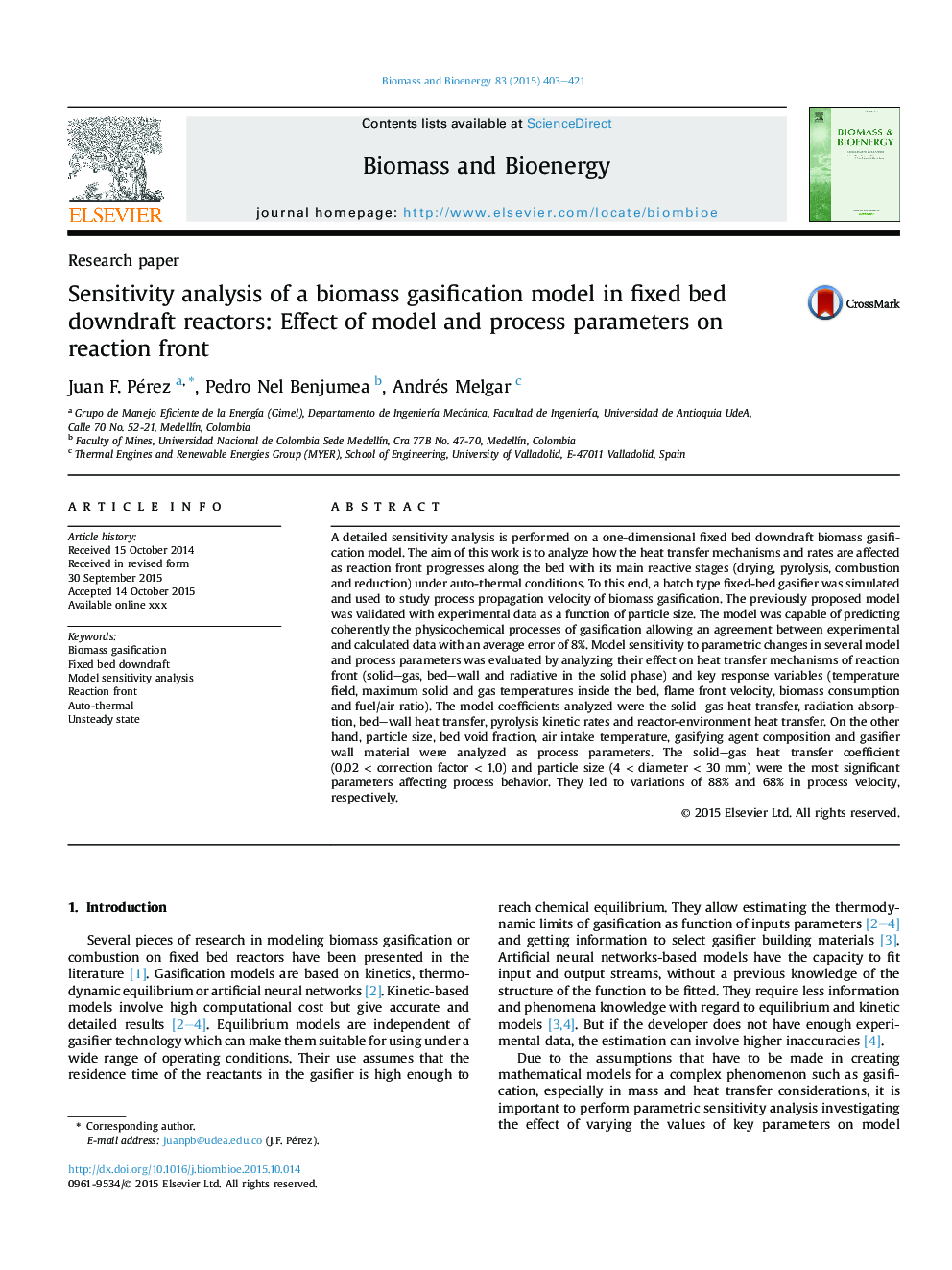 Sensitivity analysis of a biomass gasification model in fixed bed downdraft reactors: Effect of model and process parameters on reaction front