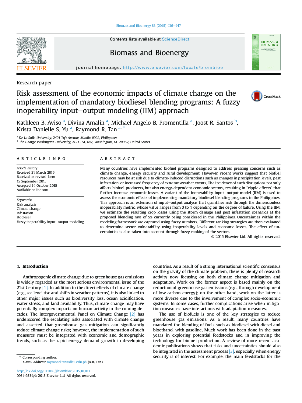 Risk assessment of the economic impacts of climate change on the implementation of mandatory biodiesel blending programs: A fuzzy inoperability input-output modeling (IIM) approach