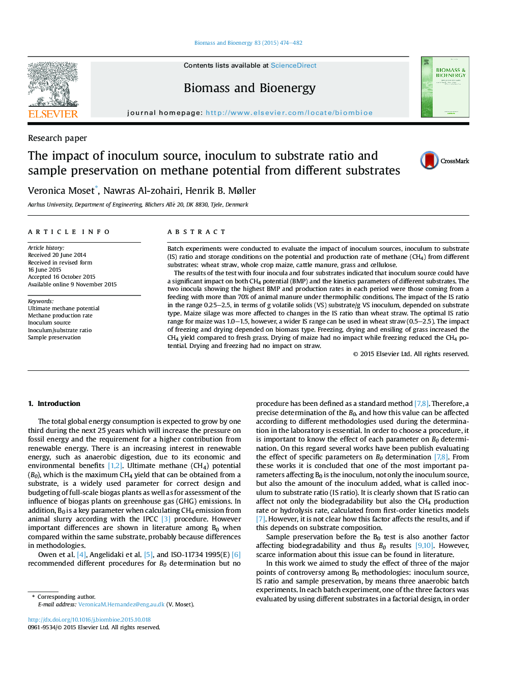 The impact of inoculum source, inoculum to substrate ratio and sample preservation on methane potential from different substrates