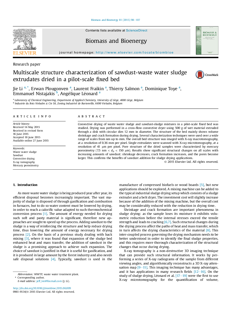 Multiscale structure characterization of sawdust-waste water sludge extrudates dried in a pilot-scale fixed bed