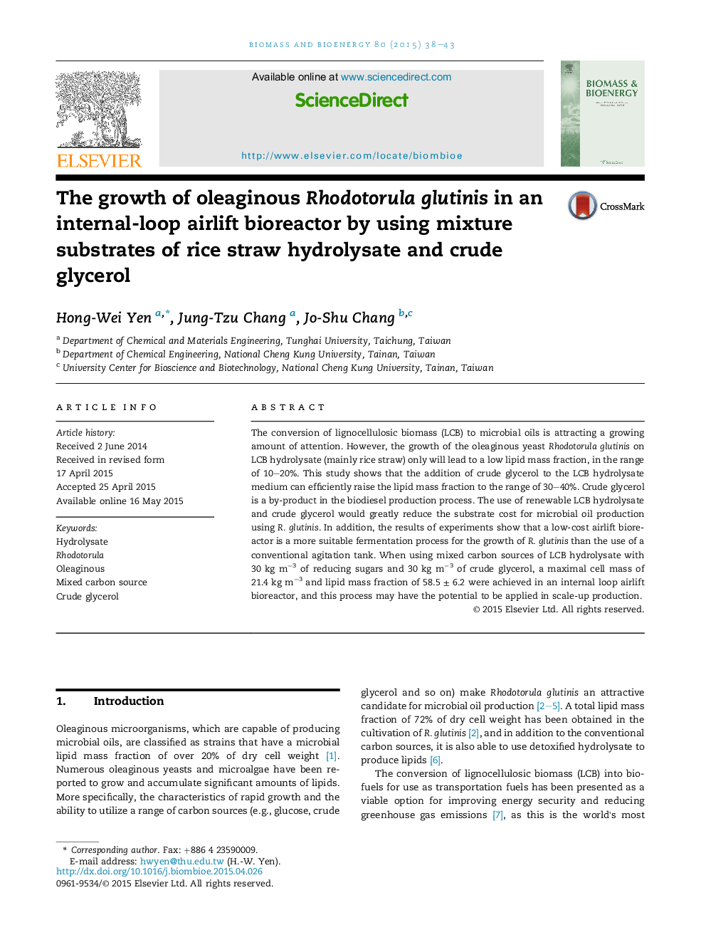 The growth of oleaginous Rhodotorula glutinis in an internal-loop airlift bioreactor by using mixture substrates of rice straw hydrolysate and crude glycerol