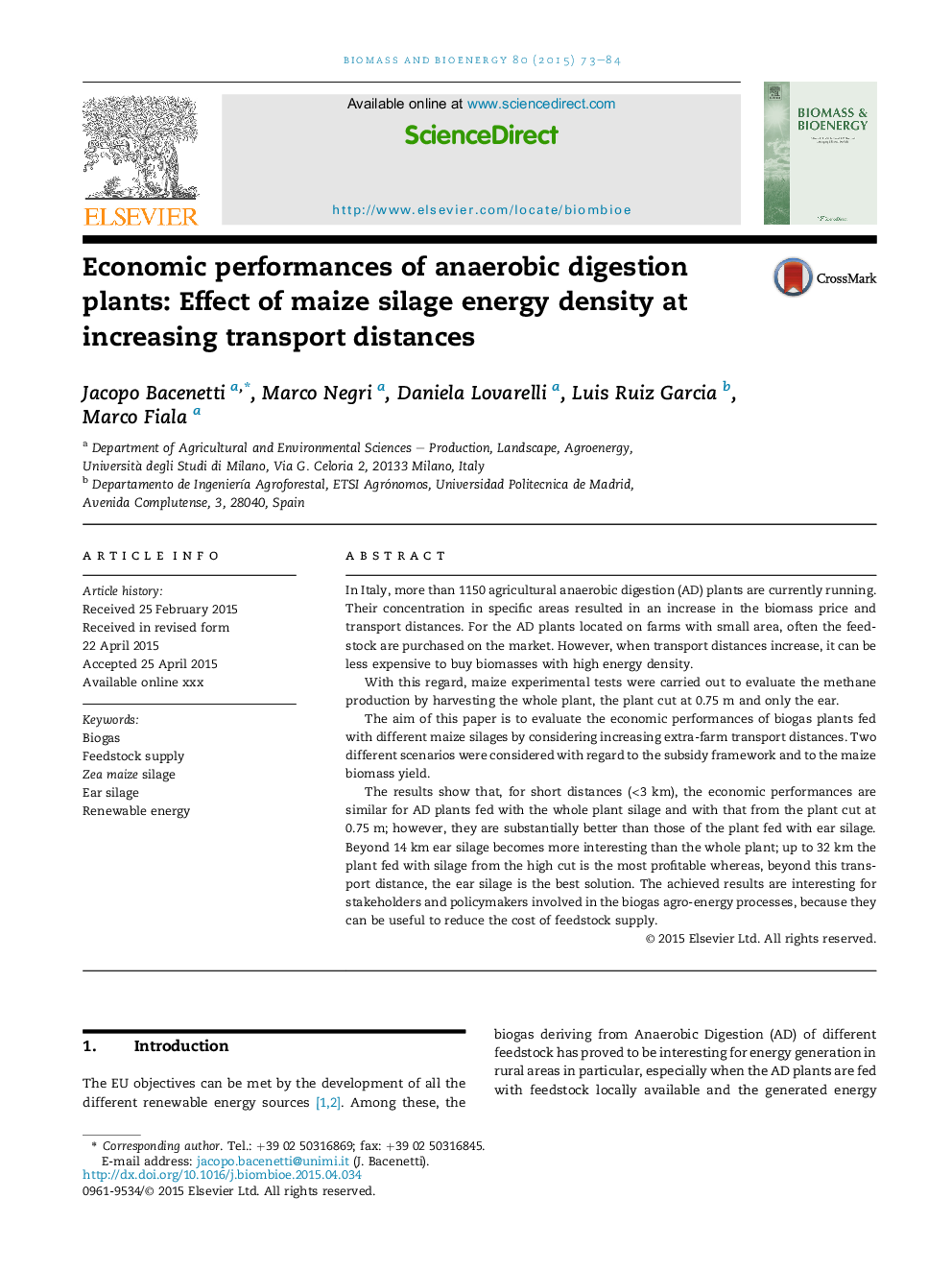 Economic performances of anaerobic digestion plants: Effect of maize silage energy density at increasing transport distances