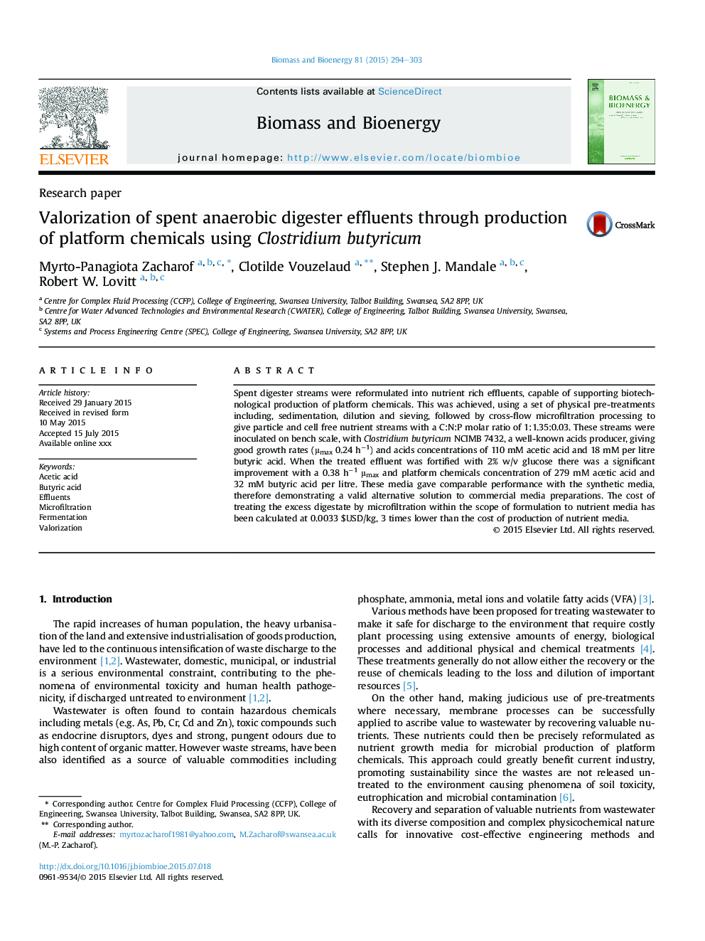 Valorization of spent anaerobic digester effluents through production of platform chemicals using Clostridium butyricum