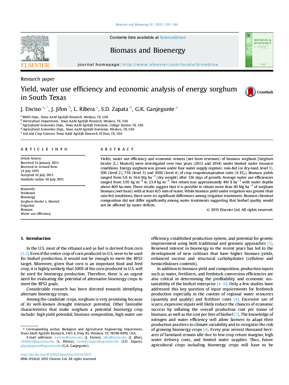 Yield, water use efficiency and economic analysis of energy sorghum in South Texas