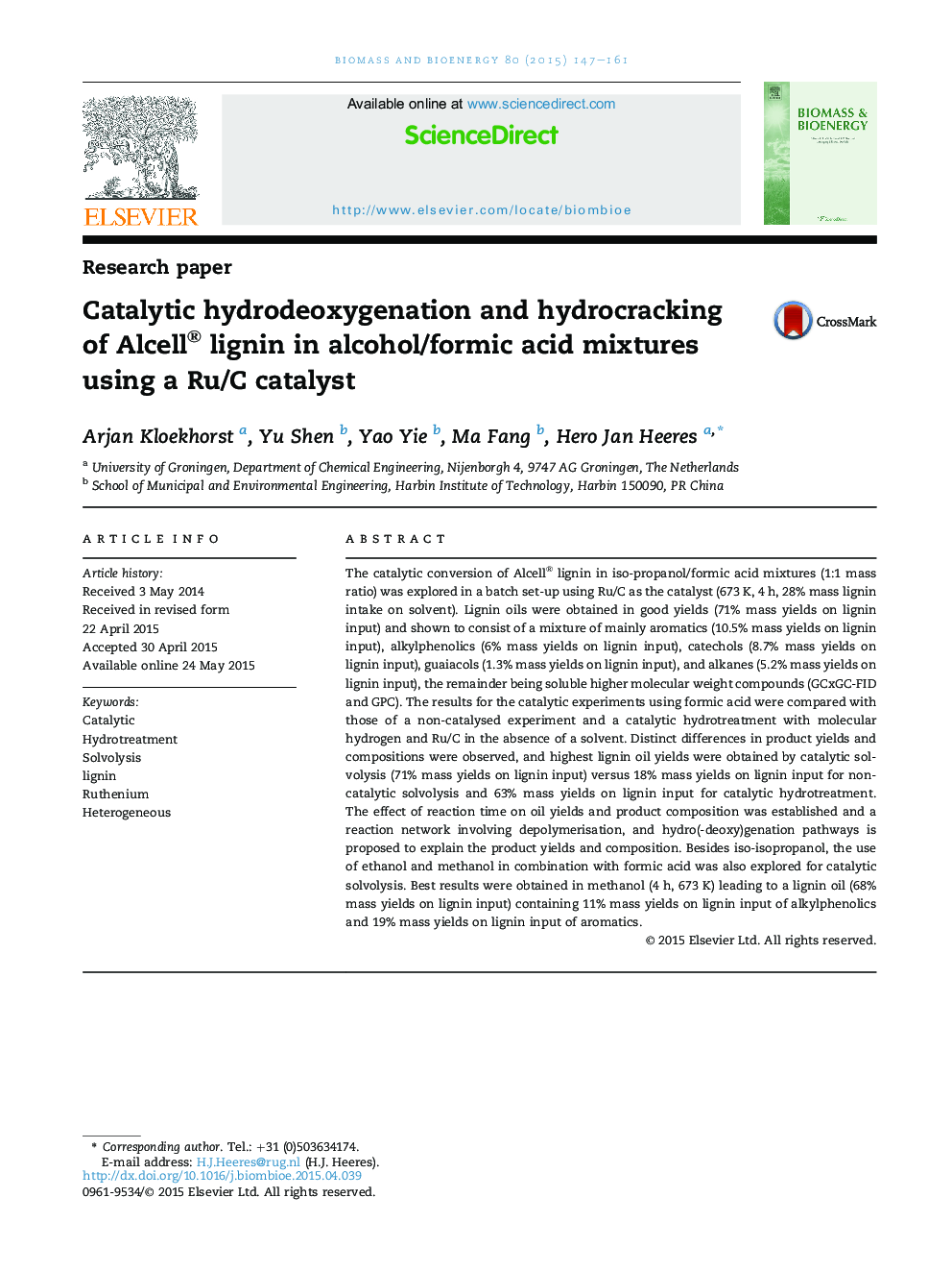 Catalytic hydrodeoxygenation and hydrocracking of Alcell® lignin in alcohol/formic acid mixtures using a Ru/C catalyst
