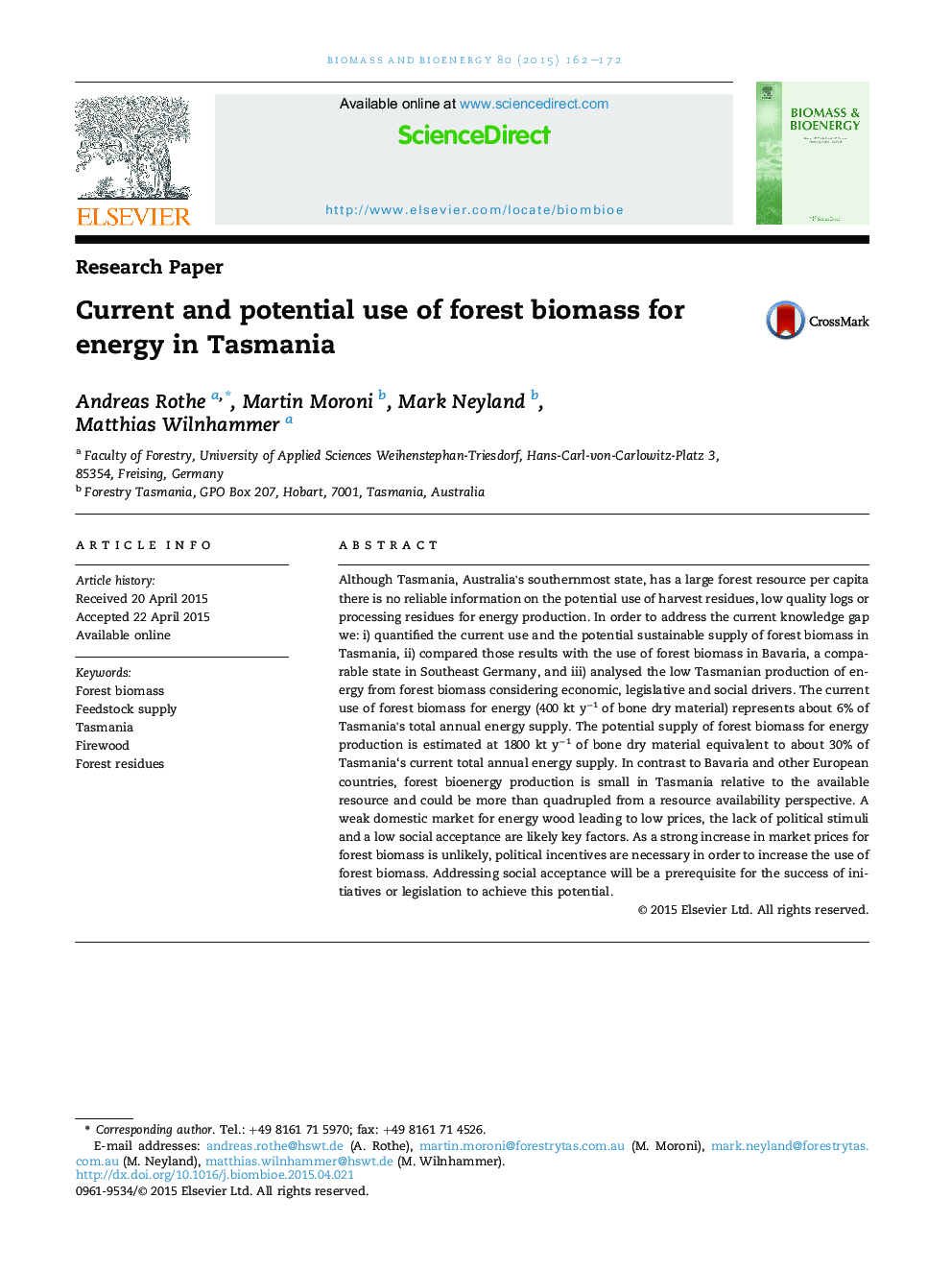 Current and potential use of forest biomass for energy in Tasmania