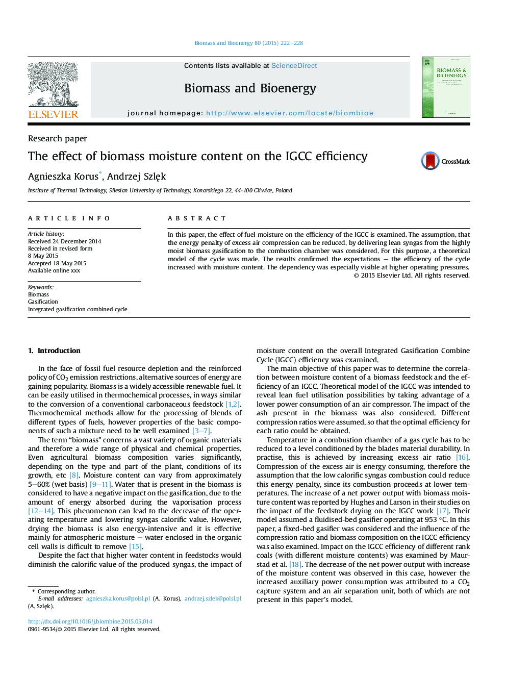 The effect of biomass moisture content on the IGCC efficiency