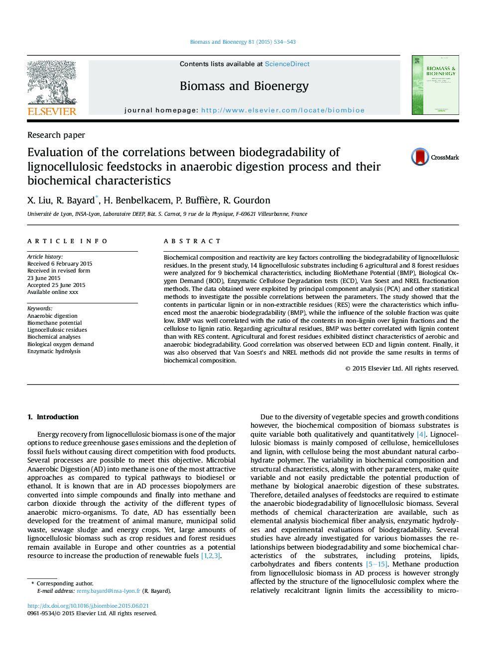 Evaluation of the correlations between biodegradability of lignocellulosic feedstocks in anaerobic digestion process and their biochemical characteristics