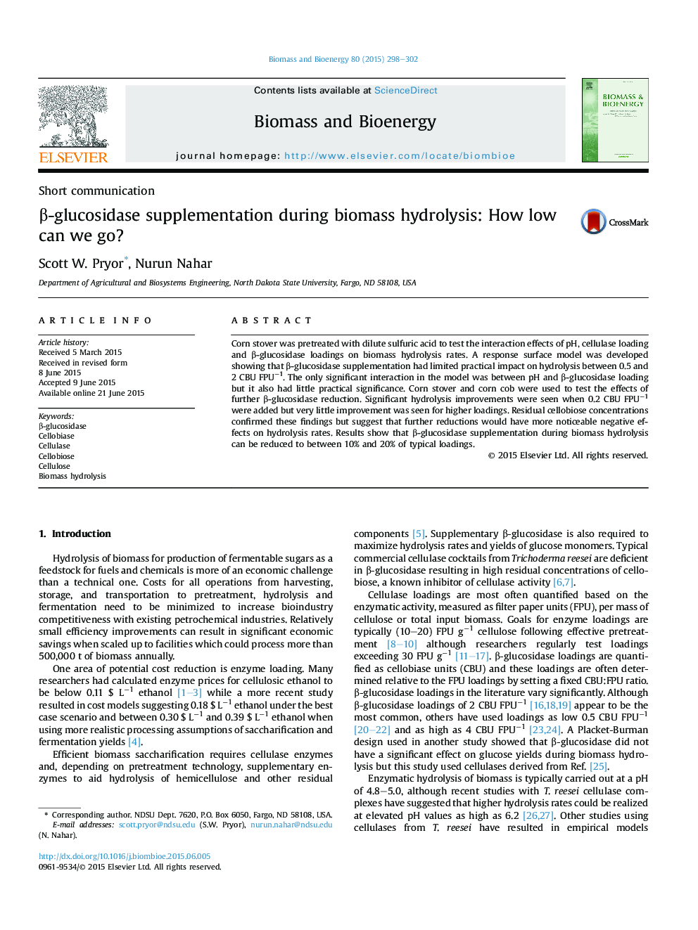 Î²-glucosidase supplementation during biomass hydrolysis: How low can we go?