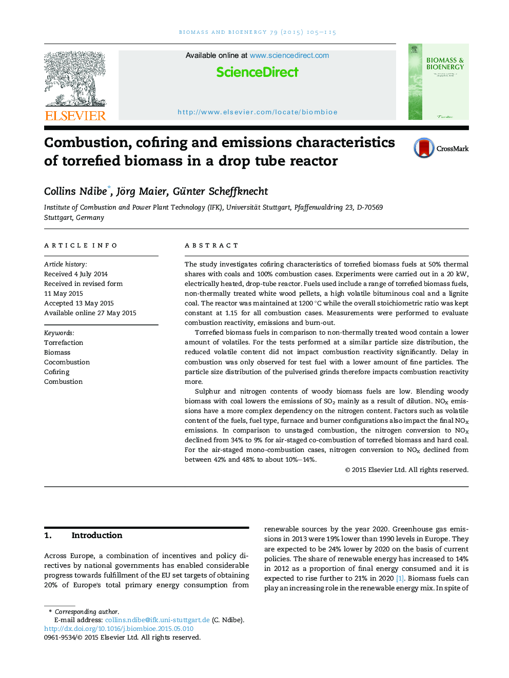 Combustion, cofiring and emissions characteristics of torrefied biomass in a drop tube reactor
