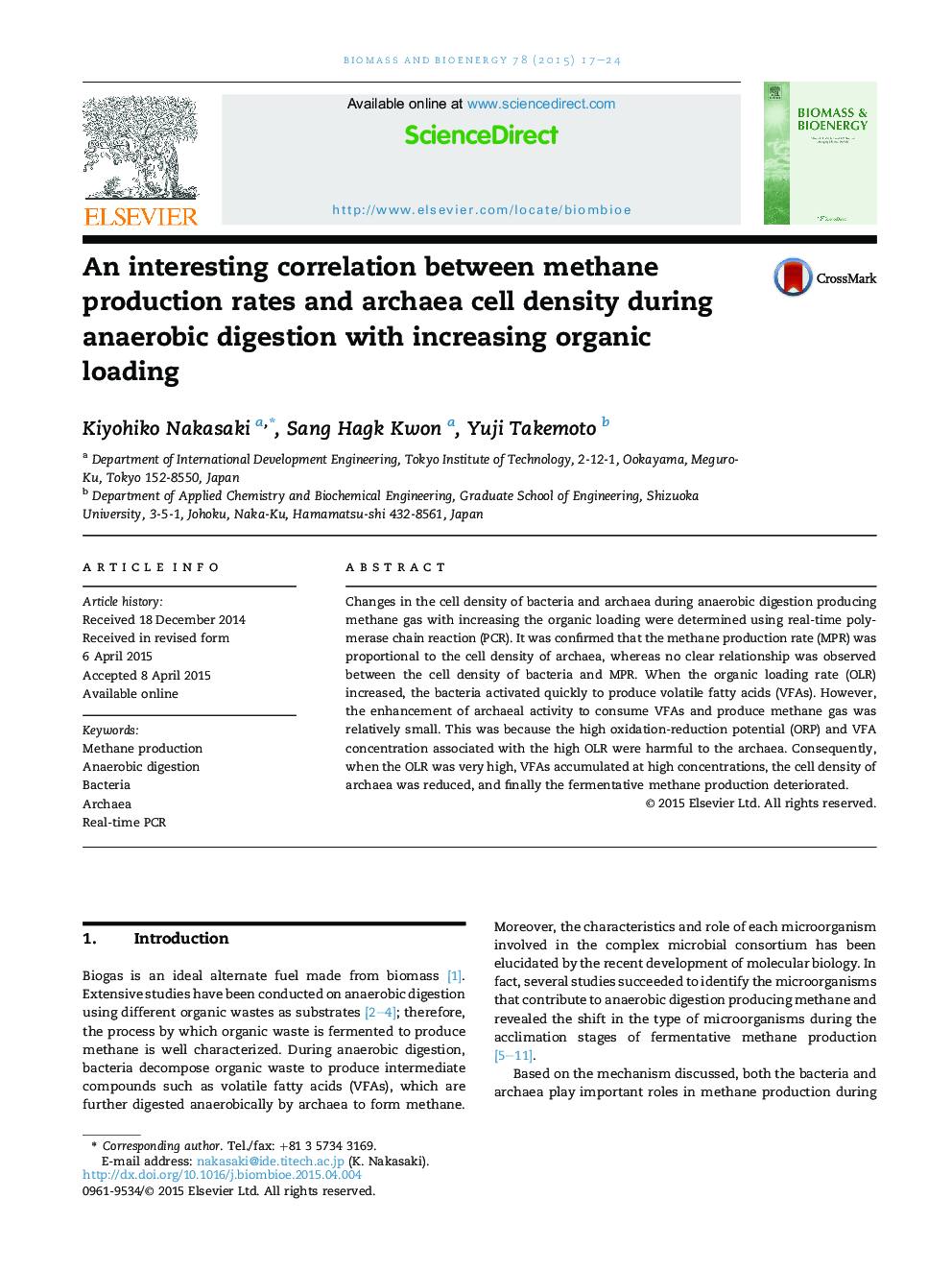 An interesting correlation between methane production rates and archaea cell density during anaerobic digestion with increasing organic loading