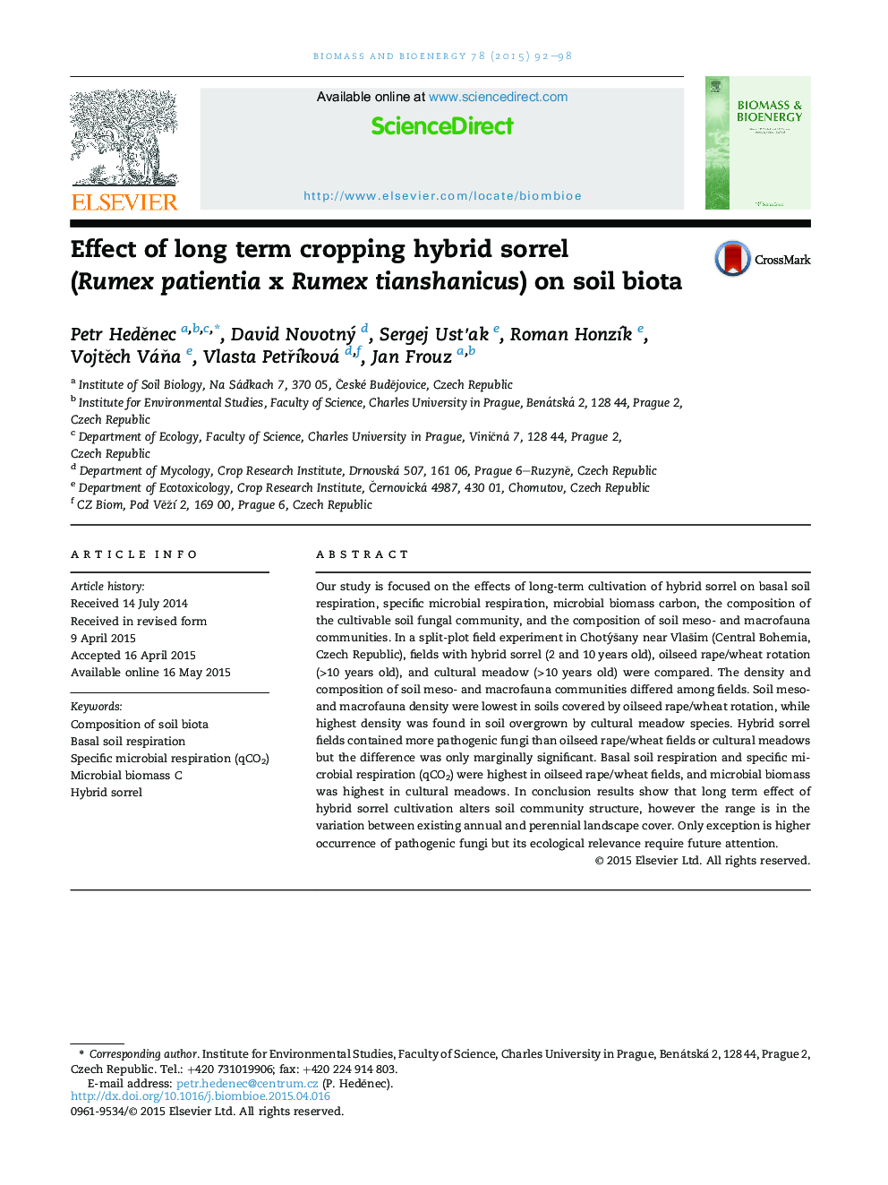 Effect of long term cropping hybrid sorrel (RumexÂ patientia x Rumex tianshanicus) on soil biota
