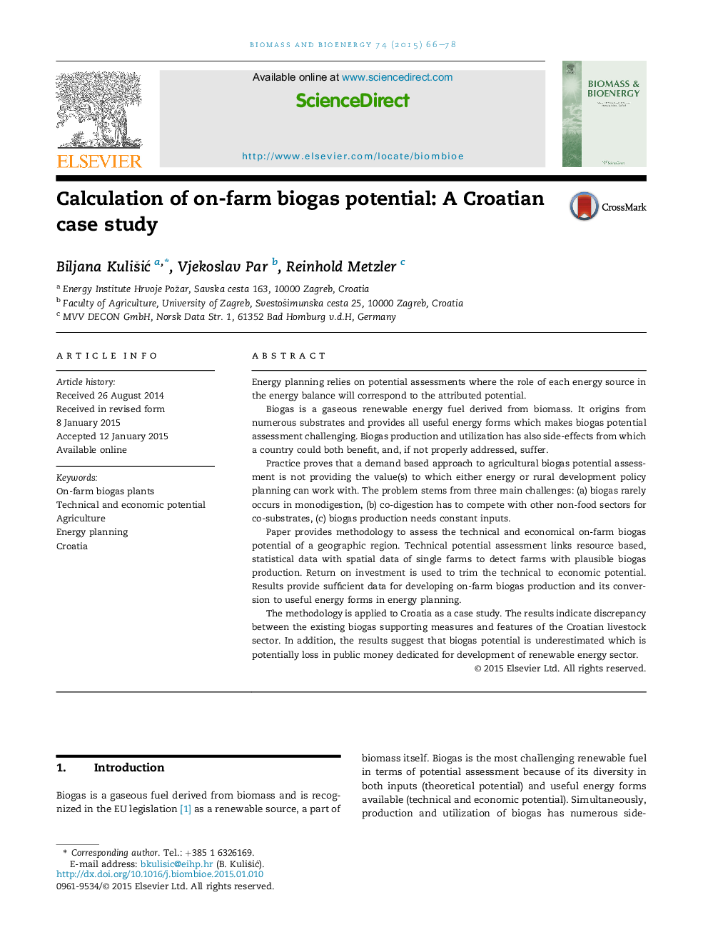 Calculation of on-farm biogas potential:Â A Croatian case study