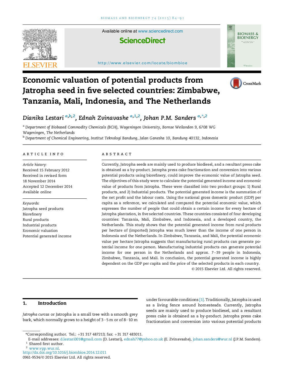 Economic valuation of potential products from Jatropha seed in five selected countries: Zimbabwe, Tanzania, Mali, Indonesia, and The Netherlands