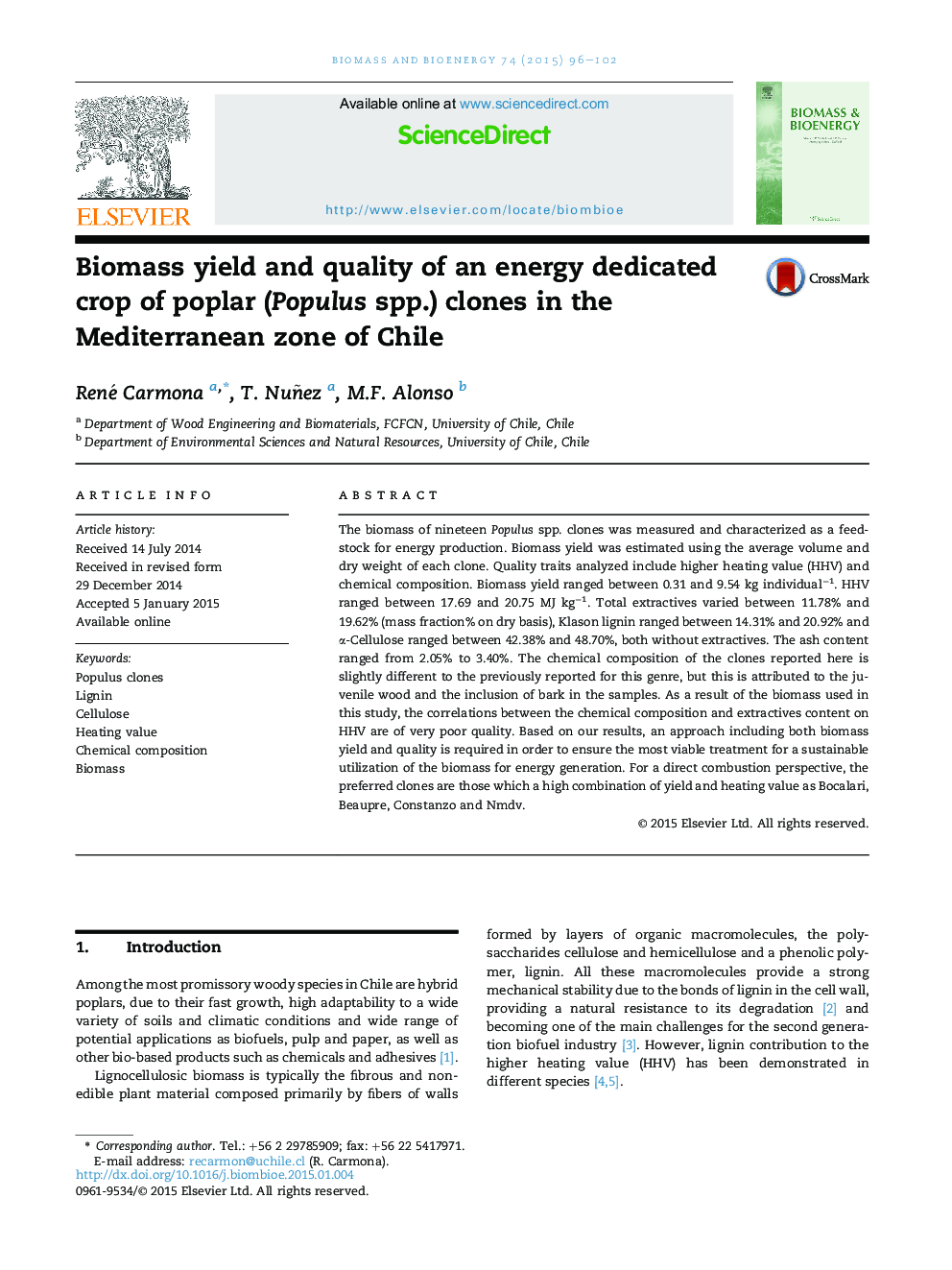 Biomass yield and quality of an energy dedicated crop of poplar (Populus spp.) clones in the Mediterranean zone of Chile