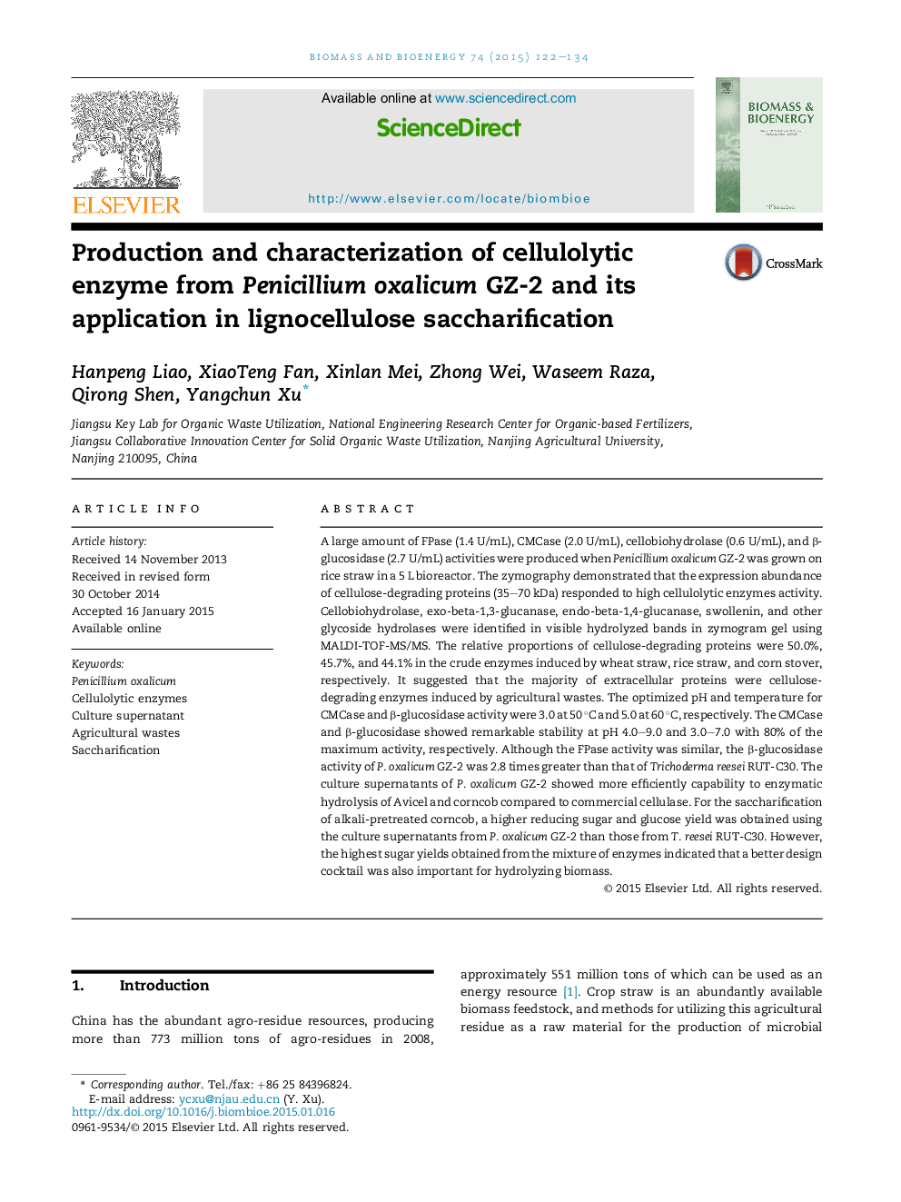 Production and characterization of cellulolytic enzymeÂ fromÂ Penicillium oxalicum GZ-2 and its applicationÂ inÂ lignocellulose saccharification