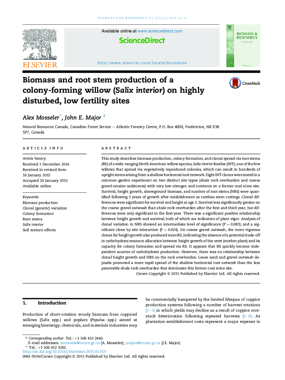 Biomass and root stem production of a colony-forming willow (Salix interior) on highly disturbed, low fertility sites