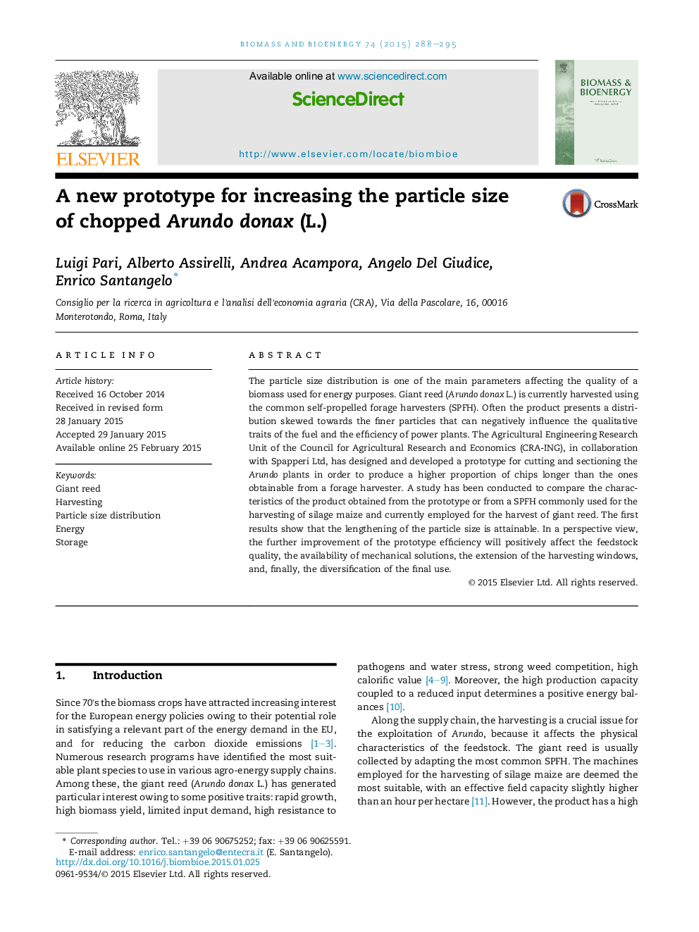 A new prototype for increasing the particle size ofÂ chopped Arundo donax (L.)