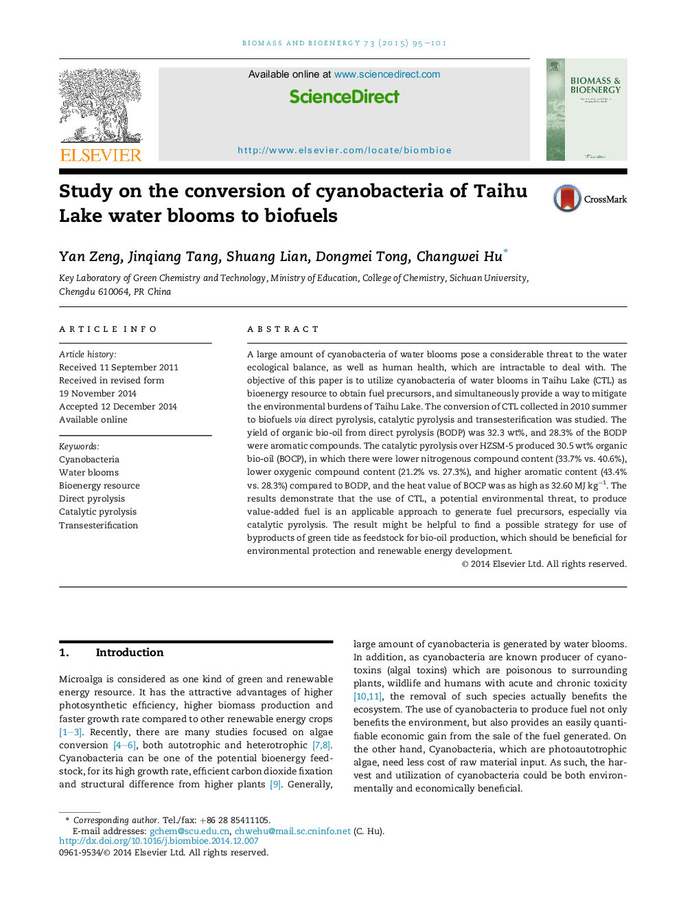 Study on the conversion of cyanobacteria of Taihu Lake water blooms to biofuels