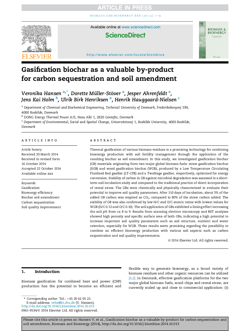 Gasification biochar as a valuable by-product for carbon sequestration and soil amendment