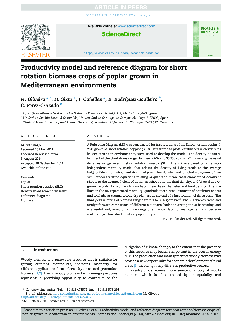 Productivity model and reference diagram for short rotation biomass crops of poplar grown in Mediterranean environments