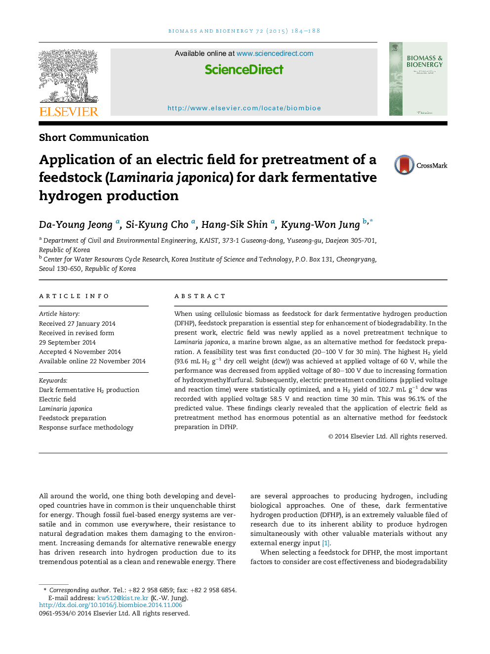 Application of an electric field for pretreatment of a feedstock (Laminaria japonica) for dark fermentative hydrogen production