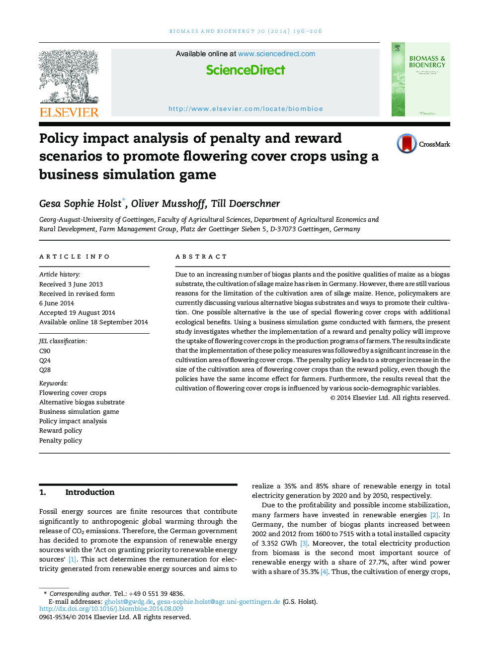 Policy impact analysis of penalty and reward scenarios to promote flowering cover crops using a business simulation game