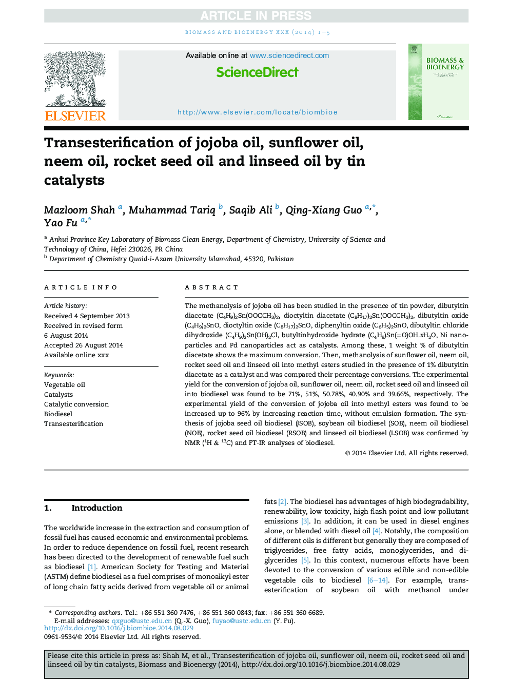 Transesterification of jojoba oil, sunflower oil, neem oil, rocket seed oil and linseed oil by tin catalysts