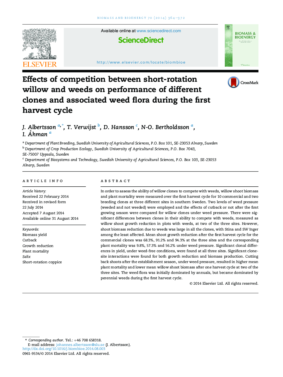 Effects of competition between short-rotation willow and weeds on performance of different clones and associated weed flora during the first harvest cycle