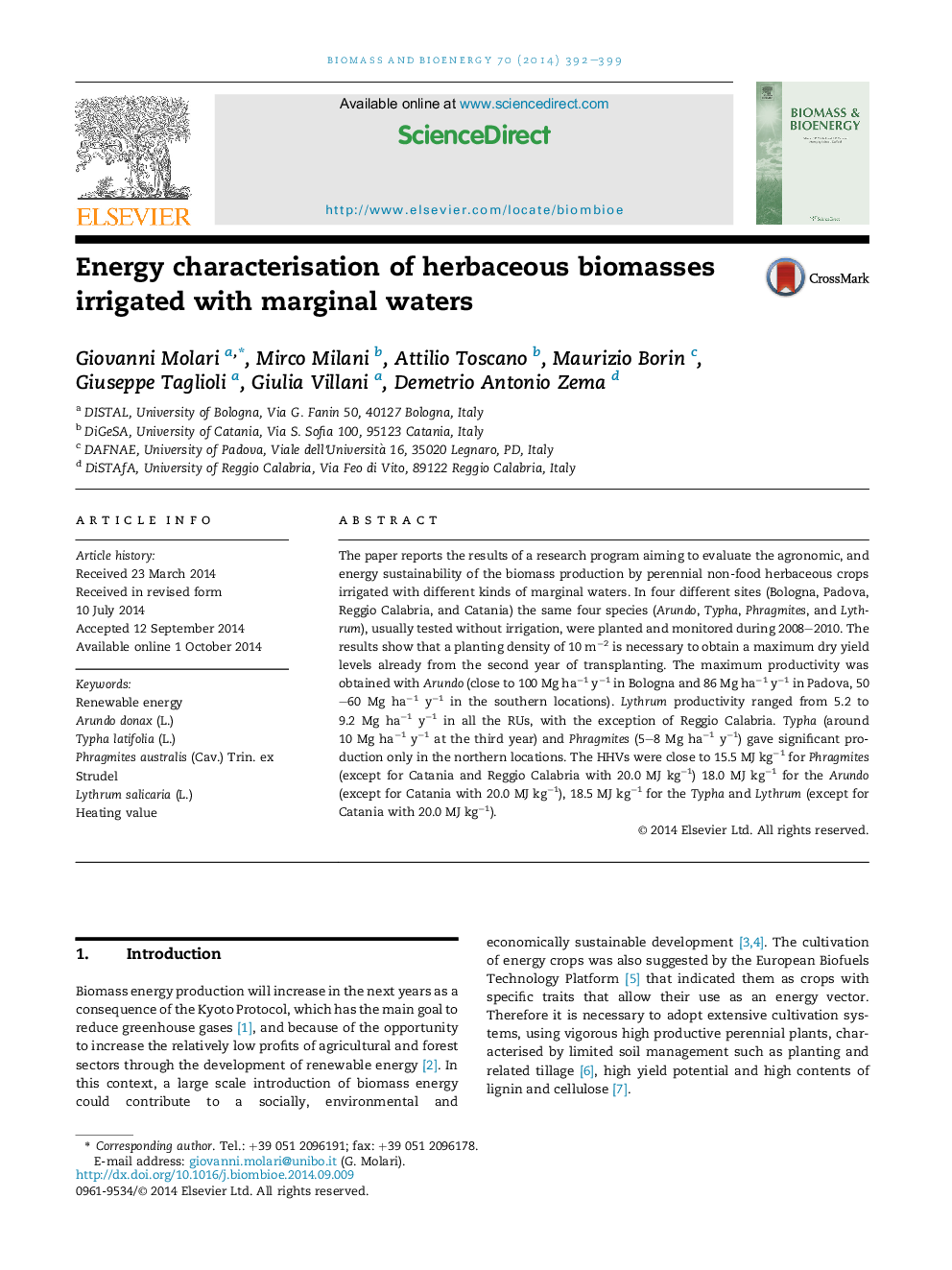 Energy characterisation of herbaceous biomasses irrigated with marginal waters