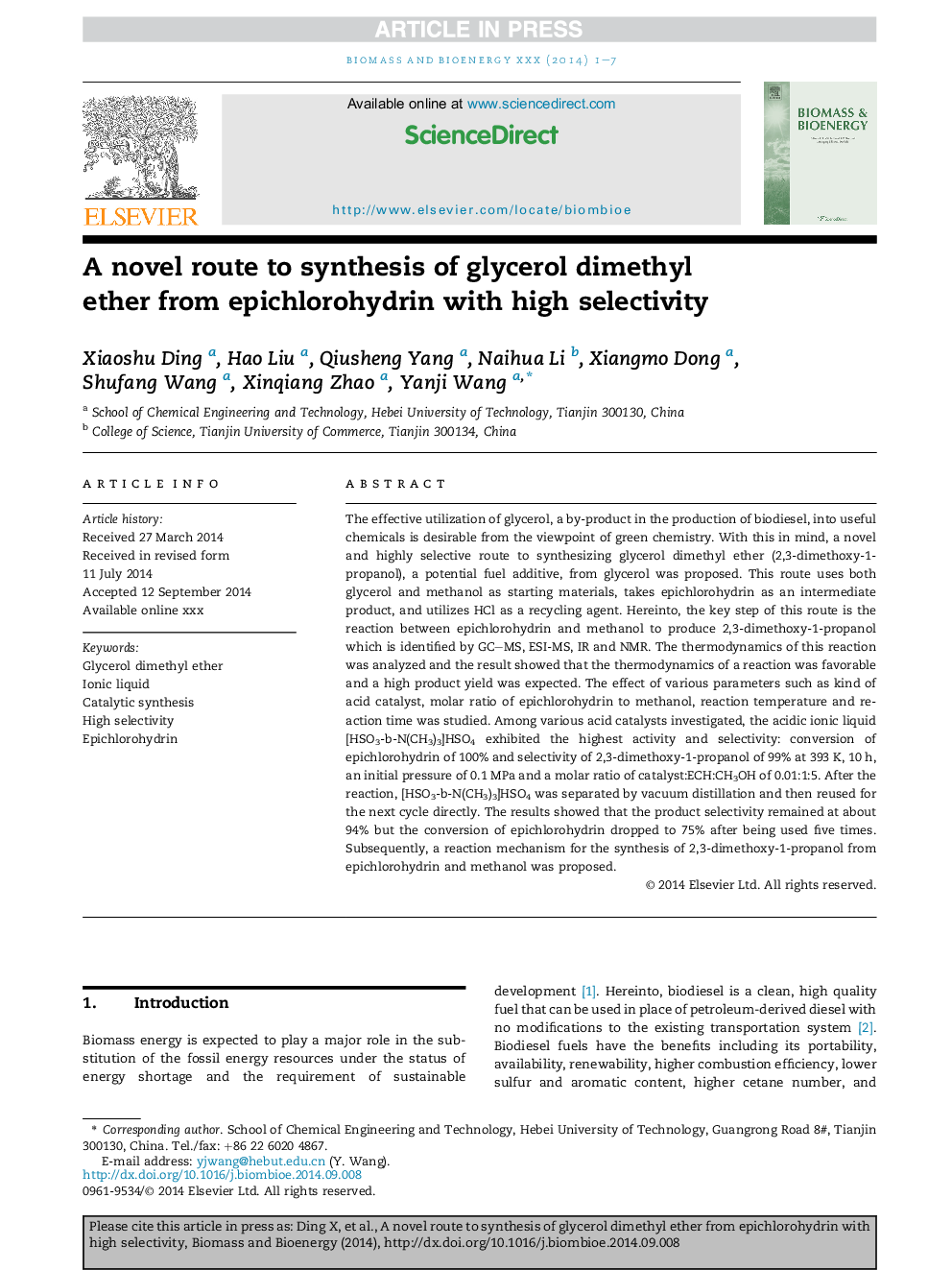 A novel route to synthesis of glycerol dimethyl ether from epichlorohydrinÂ with high selectivity